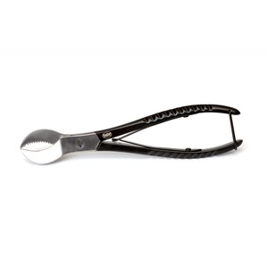 Metal nutcracker with black ribbed handles and serrated jaws.