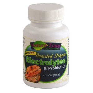 White bottle labeled Nature Zone Bearded Dragon Electrolytes & Probiotics for pets, 2 oz (56 g) with bearded dragon image.