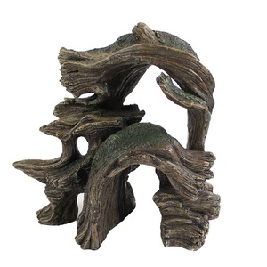 Twisted, weathered driftwood sculpture with arching branches and hollow gaps.