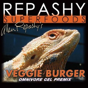 Bearded dragon close-up on a Repashy Superfoods Veggie Burger product cover.