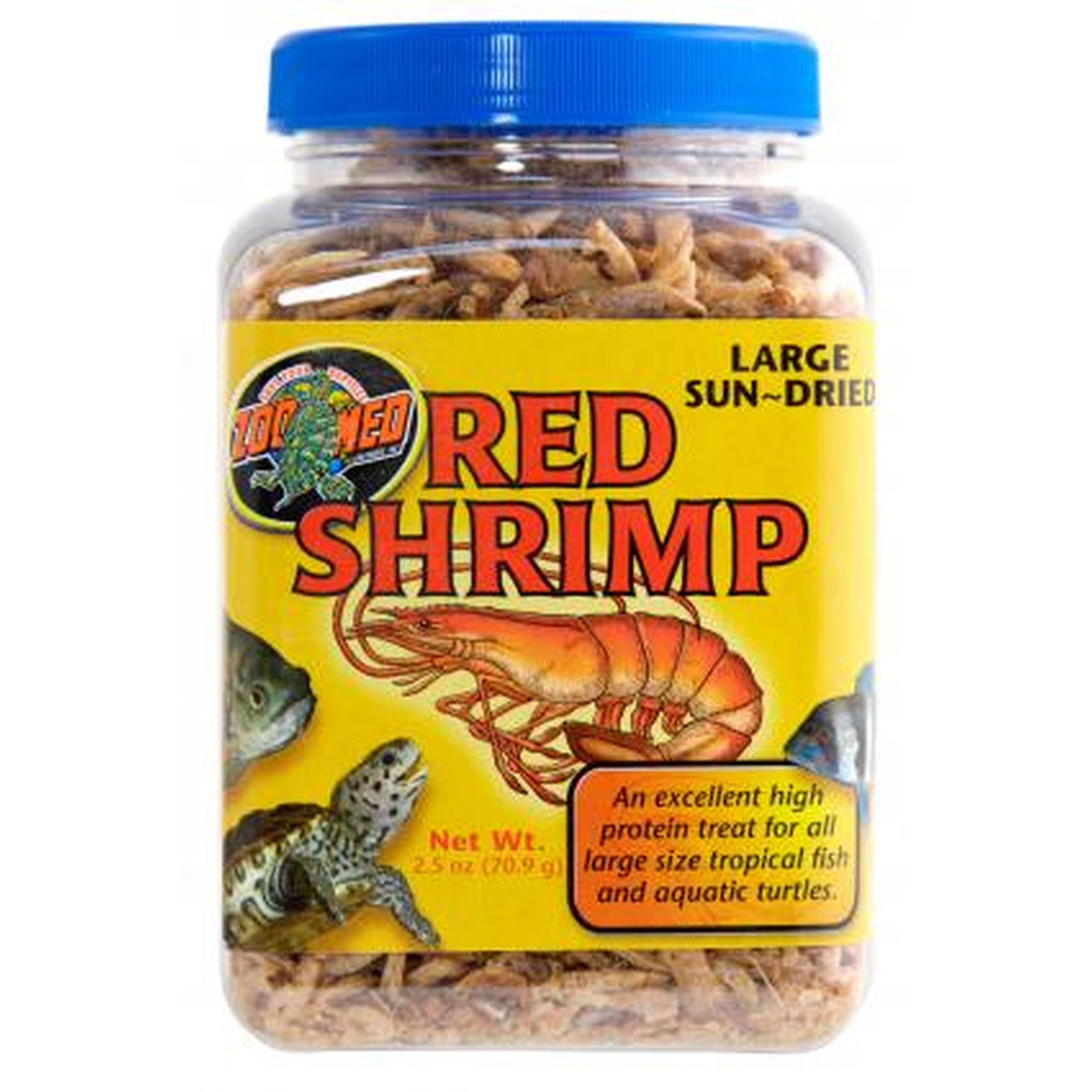 Jar of Large Sun-Dried Red Shrimp snack with bright yellow label and shrimp illustration.