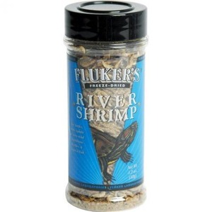 Blue labeled spice bottle of Fluker's River Shrimp freeze-dried shrimp for reptiles.