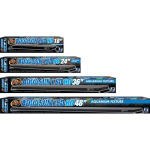 Row of four Aquasun LED HO aquarium light fixtures in 18", 24", 36", and 48" sizes.