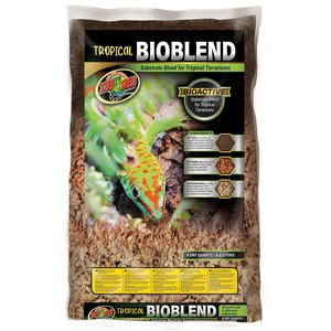 Tropical Bioblend substrate bag featuring a bright green gecko and Zoo Med logo for tropical terrariums