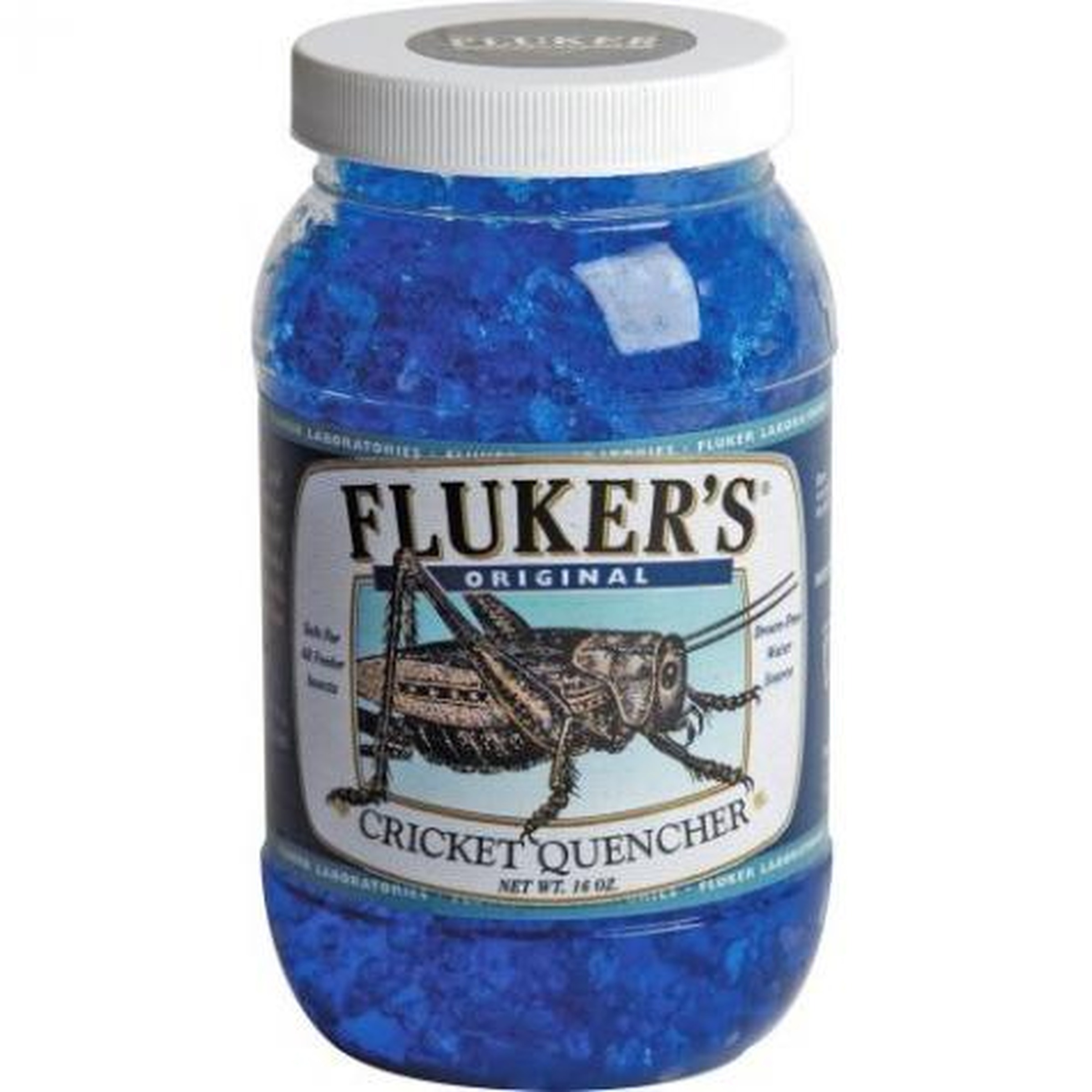 Blue jar labeled Fluker's Original Cricket Quencher with a white cap and cricket illustration on the label.