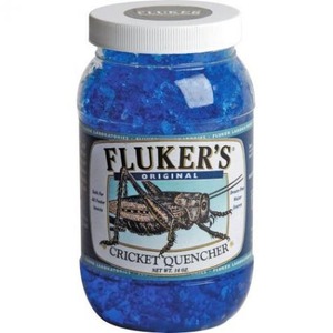 Blue jar labeled Fluker's Original Cricket Quencher with a white cap and cricket illustration on the label.