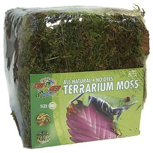 Block of terrarium moss in plastic wrap with a green label reading TERRARIUM MOSS and a fish graphic.
