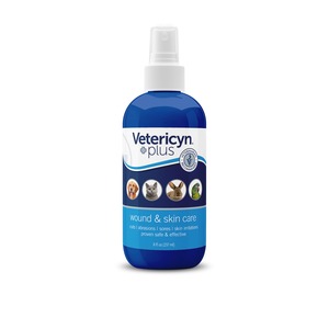 Blue Vetericyn Plus spray bottle for wound and skin care in dogs, cats, rabbits, and birds.