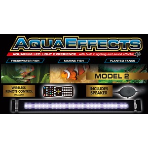 AquaEffects aquarium LED light banner with freshwater and marine fish, planted tanks, model 2, wireless remote and speaker.