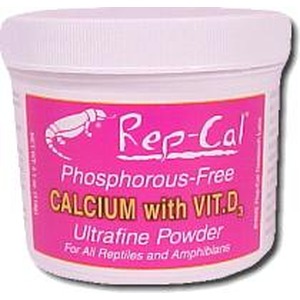 Tub labeled Re-Cal calcium powder with Vit D, for reptiles and amphibians.