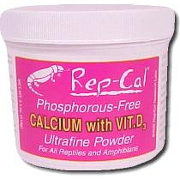 Tub labeled Re-Cal calcium powder with Vit D, for reptiles and amphibians.