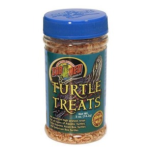 Jar labeled Turtle Treats for aquatic turtles by Zoo Med, blue cap, contains pellet snacks.