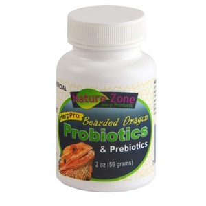 White bottle labeled Nature Zone Bearded Dragon Probiotics & Prebiotics, 2 oz, with a bearded dragon image on the label.