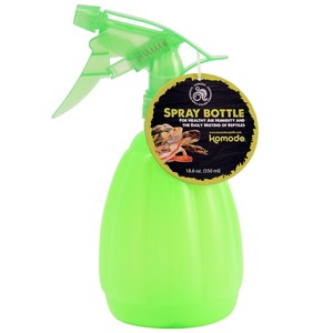 Bright green spray bottle with a circular black-and-gold label attached.
