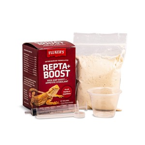 Fluker's Repta-Boost reptile supplement kit with powder, syringe, and cup.