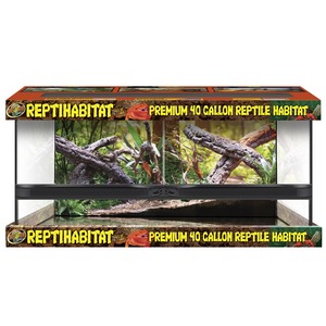 40-gallon reptile habitat with glass panels and a realistic jungle backdrop, framed by orange marketing banners.