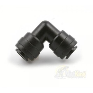 Black 90-degree elbow hose connector with barbed ends.