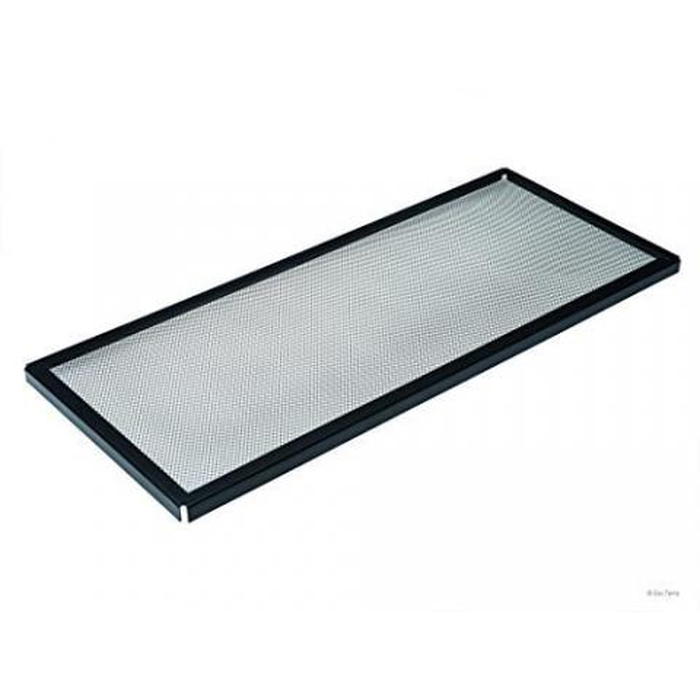 Rectangular air filter with metal mesh and dark frame.