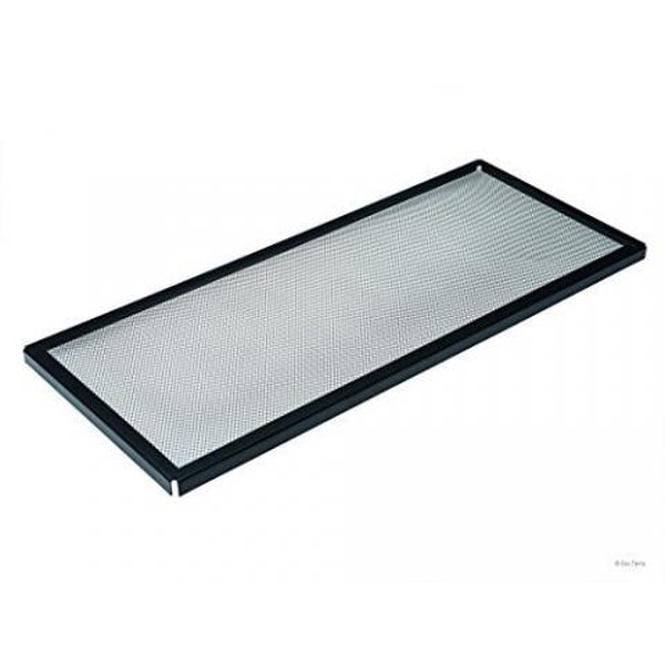 Rectangular air filter with metal mesh and dark frame.