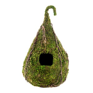 Moss-covered teardrop birdhouse with a round entry hole, hanging from a curved twig.
