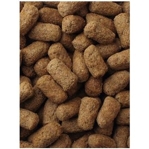 Close-up of brown cylindrical kibble pellets piled together.
