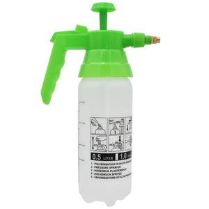 Green spray bottle with a bright lime trigger and nozzle on a white 0.5 L container, labeled instructions.