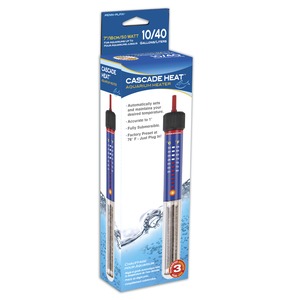 Cascade Heat aquarium heater packaging in blue, indicates 10/40 gallons, with thermometer rods and water splash design.