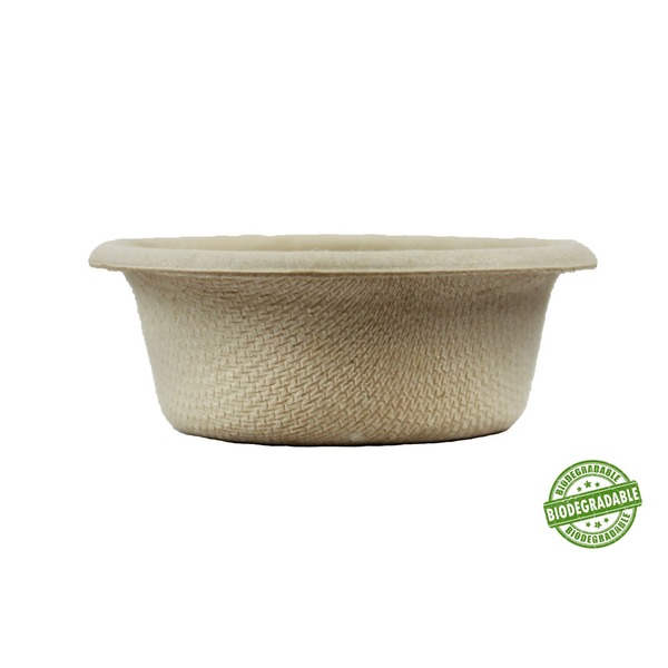 Beige woven disposable bowl with a flat rim; biodegradable stamp in bottom-right.