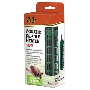 Box of Zilla Aquatic Reptile Heater 100W featuring a green vertical cage-style heater and turtle graphic on the packaging.