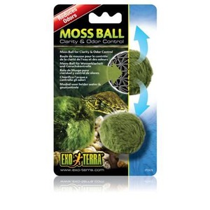Moss Ball packaging for clarity and odor control, showing two green moss balls and blue arrows.