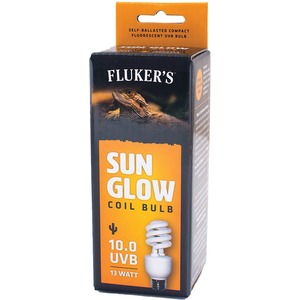 Fluker's Sun Glow coil bulb packaging with an orange label and a lizard image showing UVB information