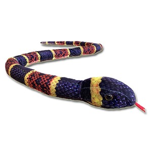 Colorful striped plush snake with purple, red, and yellow bands and a small red tongue.