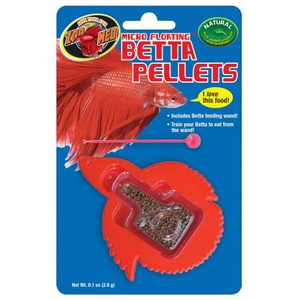 Betta pellets packaging featuring a red Betta fish and a red feeding wand on a blue background.