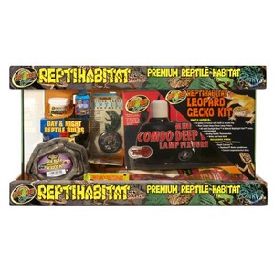 Reptihabitat premium reptile habitat kit featuring leopard gecko lamp and assorted supplies.