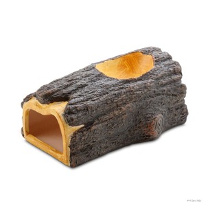 Bark-textured hollow log sculpture with front rectangular opening and top round cavity.