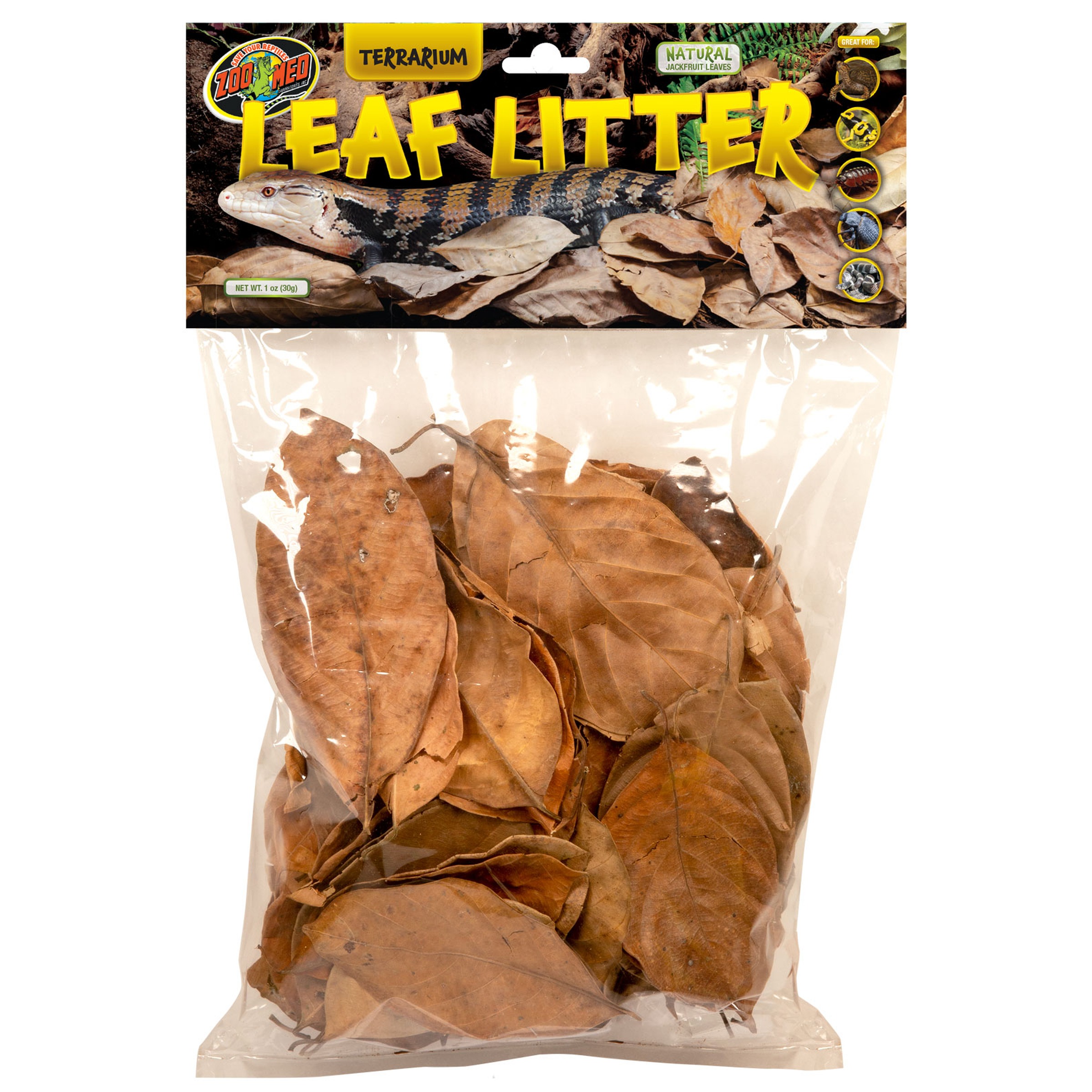 Bag of dried brown leaves labeled "Leaf Litter" for terrarium use.