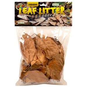 Bag of dried brown leaves labeled "Leaf Litter" for terrarium use.
