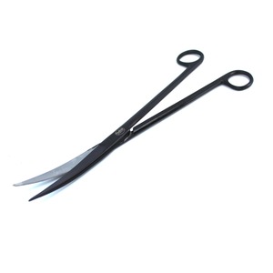 Black hairdressing scissors with long blades and looped finger rings on a white background.