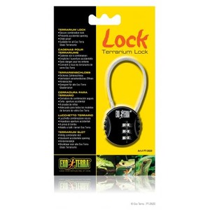 Packaging for Lock Terrarium Lock shows a black three-dial combination padlock on a yellow card.