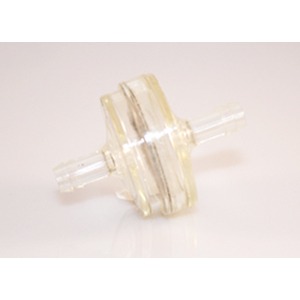 Clear plastic inline valve with two short shafts on either side and a central disk.