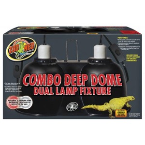 Combo Deep Dome Dual Lamp Fixture with two black domes, Zoo Med logo, and a small yellow lizard model.
