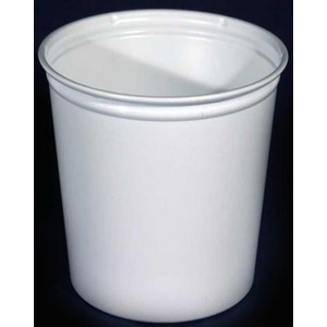 White cylindrical pail with an open top against a dark background.