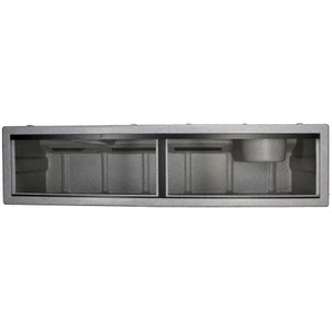 Two-section metal drawer with empty compartments.