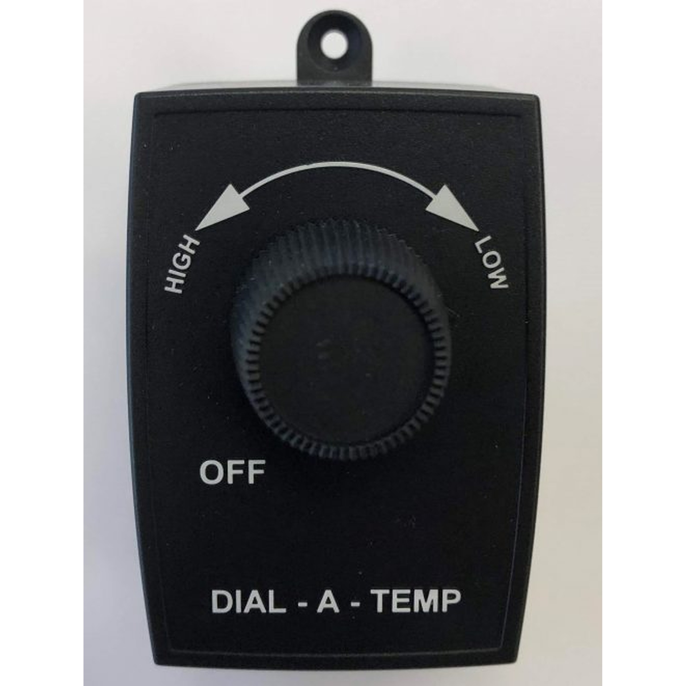 Black rectangular dial switch with knurled knob, arc arrows labeled HIGH and LOW, OFF text, and DIAL - A - TEMP.