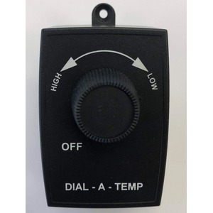 Black rectangular dial switch with knurled knob, arc arrows labeled HIGH and LOW, OFF text, and DIAL - A - TEMP.