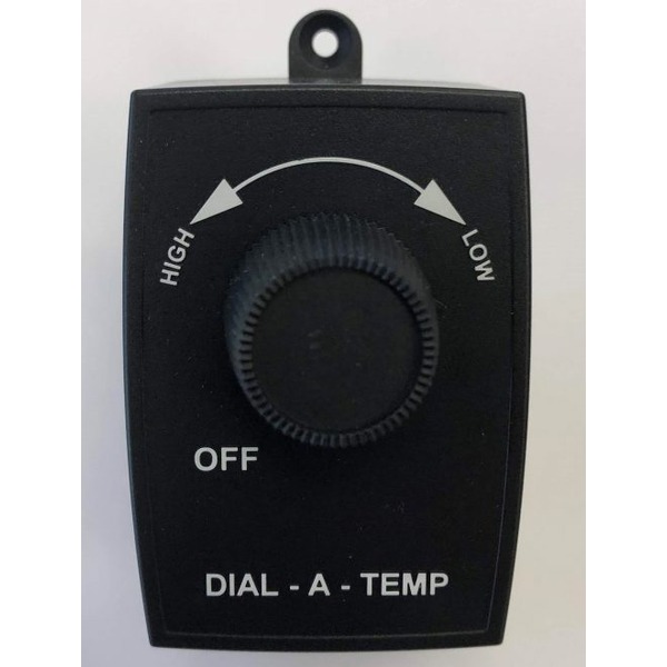 Black rectangular dial switch with knurled knob, arc arrows labeled HIGH and LOW, OFF text, and DIAL - A - TEMP.