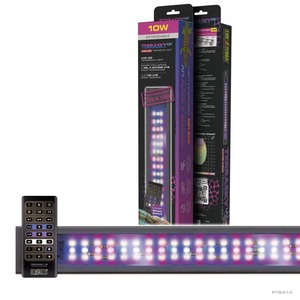 UV LED strip light with remote control, glowing purple LEDs, 10W, shown with packaging behind.