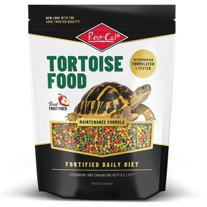 Rep-Cal Tortoise Food bag with turtle image and colorful pellets in a window, labeled Fortified Daily Diet.