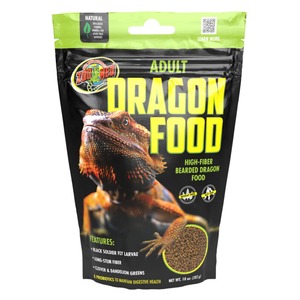 Adult dragon food bag with a bearded dragon image, bold yellow "DRAGON FOOD" on black packaging and a green top.