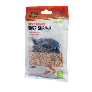 River Shrimp reptile munchies bag with a blue turtle illustration and shrimp snacks visible.